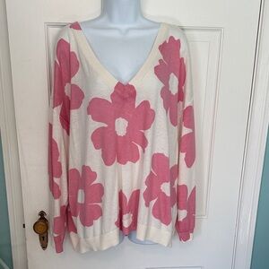 Torrid Floral V-Neck Sweater - Pink and White